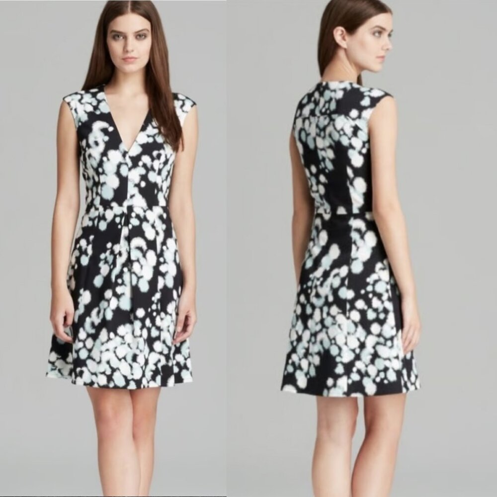 French Connection Black V Neck Abstract Dot Print Fit & Flare Mini Dress, 6